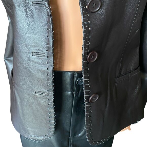 Newport News Leather Jacket Y2K Sz 8 Medium Tailored Vtg Retro Black Blazer - Picture 8 of 14